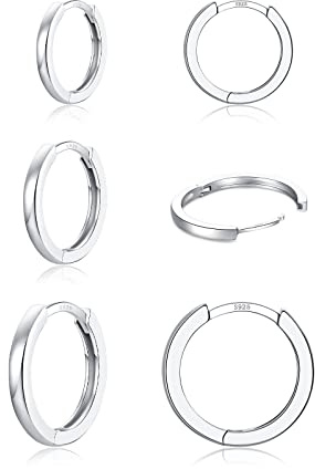 3 Pairs 925 Sterling Silver Hoop Earrings 14K White Gold Plated Small Huggie Earrings for Women, Cartilage Silver Hoops for Women Men (8 10 12MM)