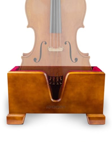 Cello Box Stand - Luxury Burgundy Plush Liner – Wooden Mahogany-tone Upright Instrument Holder - with Cello Endpin Stopper - AFATATARA