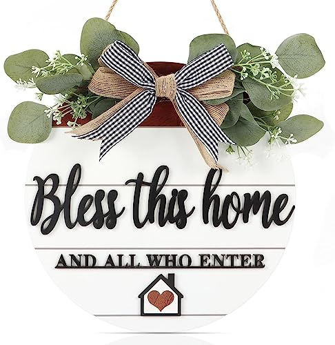 CHDITB 3D Wooden Door Sign - God Bless Our Home Welcome Porch Wall Sign With Bow-knot Wreath - Housewarming Gift for Kitchen, Entryway, Front Door