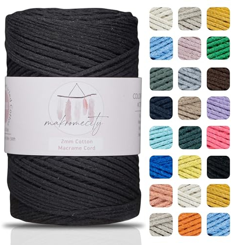 Makromecity, Baumwolle Makramee Garn 2mm x 180m Schwarz Recycelte Baumwolle zum Häkeln Cotton Macrame Cord für Handwerk Wohndekorationen Platzteller Umhängetasche Häkeltaschen Runner