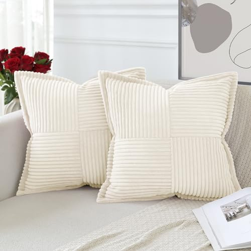 Artscope Corduroy Cushion Covers Pack of 2 Modern Patchwork Throw Pillow Covers Soft Pillowcase Broadside Decorative Textured Cushions for Home decor Sofa Bedroom Couch Cream Beige 40x40cm