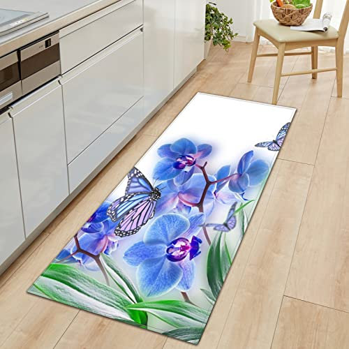 GOKSEL Küchenteppich Orchideen & Schmetterlinge Küchenläufer rutschfest Küchenmatte für Küche und Bar Teppich Läufer waschbare Küchenläufer Küche Deko 60 x 180cm