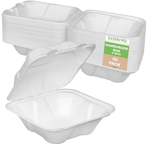 ECORIYO Burger Takeaway Boxes - 50-Pack of 450ml Clamshell Takeaway Containers, Disposable Food Boxes from Sugarcane - Freezer & Microwave Safe – 6 x 6 Inches
