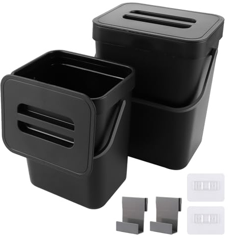 LOLYSIC Bioabfallbehälter, 2 Stück Set (3L + 5L), Kunststoff Kompostbehälter Mit Deckel Zum Hängen, Für Küche, Bad, Büro, Schlafzimmer (Schwarz)