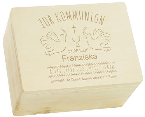 LAUBLUST Holzkiste zur Kommunion - Tauben Motiv | Geschenkkiste Personalisiert mit Gravur, FSC® (Natur, ca. 40 x 30 x 24 cm | XL)
