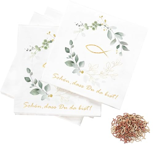 60 Stücke Holz Fische Deko und 40 Servietten Fisch um Eukalyptus weiß als Tischdeko, 'Schön,DASS du da bist!',3-lagig,33x33cm,für jungen und Mädchen Konfirmation Kommunion Taufe (40 Eukalyptus)