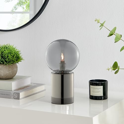Furniturebox UK Table Lamp - Hattie - Modern Desk Table Light - Smoked Glass Globe Shade - Silver Brushed Metal Base - Minimalist Mid Century Industrial Lighting - Living Room Office Bedside