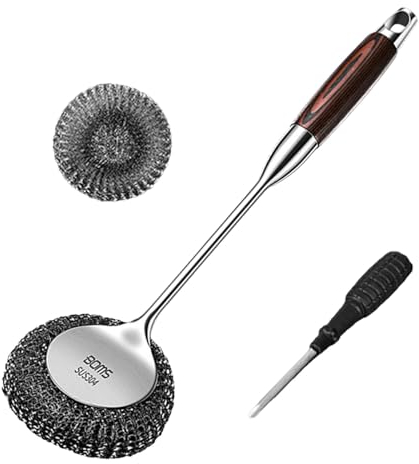 Long Handle Washing Up Scourer, 304 stainless steel Non Scratch Wire Brush, scrubbing brush with handle & Wooden Grip, Extra Scouring Pad Ball dish brush for Kitchen Sink Cleaning