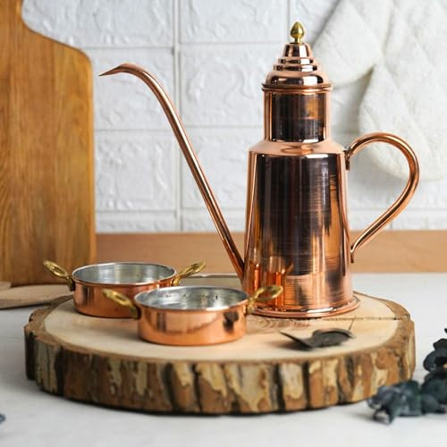 ALFIQ Copper Olive Oil Dispenser Pot + Oil Dipping Set | 600 ml Handcrafted Solid Copper Oil Bottle | 100% Solid Copper with Brass Crown (Pure Copper)
