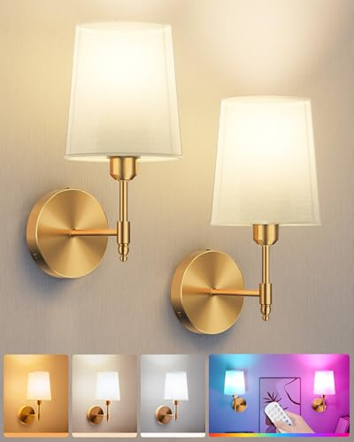 Ouyulong Battery Operated Wall Sconces Set of 2, Wireless Rechargeable Dimmable Wall Light with RGB Bulb and Remote for Bedroom, Living Room, Hallway (Gold)