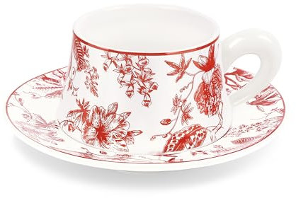 fanquare Set de 1 Tasse à Café et Soucoupe, Set de 1 Tasse à Café Fleurs Rouges, 260ml Tasses à Thé Rétro en Chine, Tasses à Cappuccino en Porcelaine pour Latte Café Moka ou Thé, Cadeaux Baristas