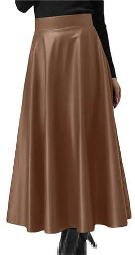 Kvinnor Långmodigt Läder Pu-Kjol Solid Kontorsmidikjolar Elegant Högmidjad Partykjol Khaki 3X),(Style A) khaki-3X-Large