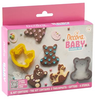 Decora 0255240 Set Decorativo Baby, 2 Tagliapasta Cavalluccio e Orsacchiotto e 4 Stencil decorativi, ideali per creare biscotti decorati tridimensionali, Made in Italy, Confezione da 6 pezzi.
