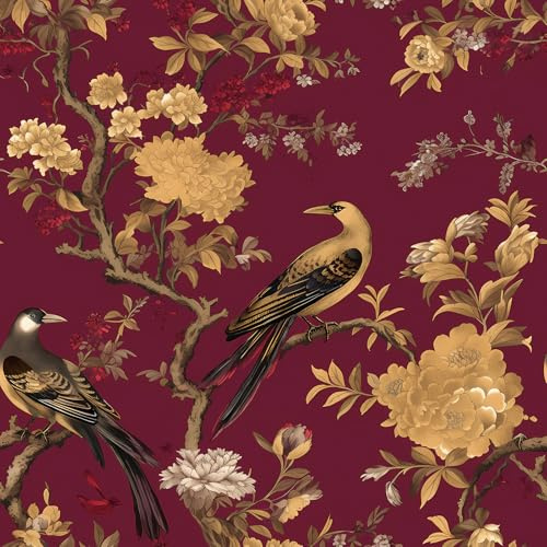 ReWallpaper Bird Floral Peel and Stick Wallpaper Vintage Red Vinyl Wrap for Furniture Cabinet Red Gold Wallpaper for Bedroom Adults 44.5CMx3M Roll Flowers Printed Contact Paper Removable