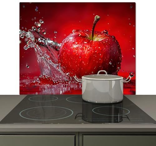 KitchenYeah© Spritzschutz Herd Küchenrückwand Vinyl Küchen Zubehör | 60x52 cm - Küchenwand, Herdabdeckung Induktionsmatte Apfel - Spritzer - Wasser - Rot