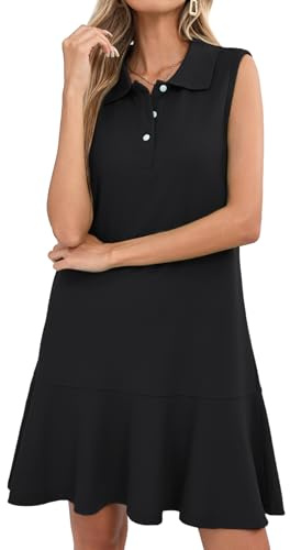 YEXPINE Women's Sleeveless Polo Dress Ruffle Hem Lapel V Neck Summer Shirt Mini Dresses Black