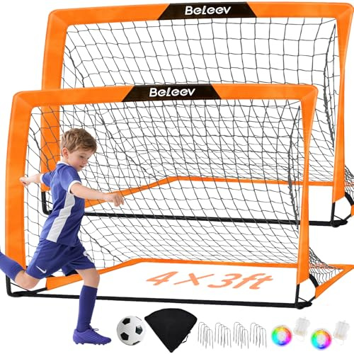 BELEEV 2-Set Fotbollsmål för Trädgårdsbarn 4x3 ft, Högkvalitativt Bärbart och Hopfällbart Fotbollsmålset för Barn med LED-Lampor, Glasfiberstänger, Bärväska, för Inomhus- och Utomhussporter