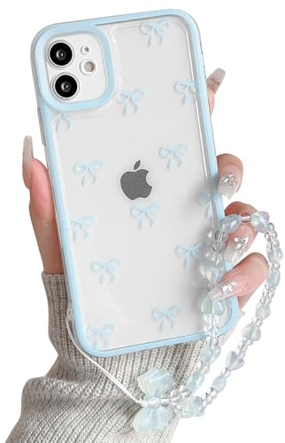 NITITOP for iPhone 12 Case Cute Clear Bow Chain,Blue | for Women Girls, Aesthetic Bowknot Ribbon Design, with Wrist Strap, Soft TPU Shockproof Cover, Full Camera Protection