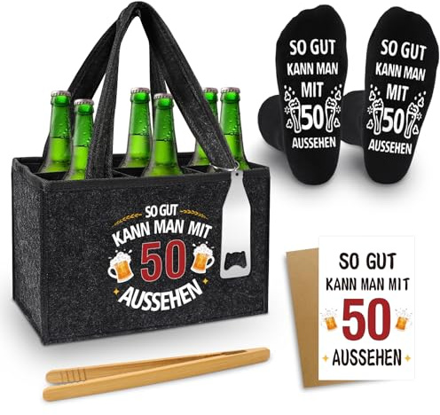 Shining She 50 Geburtstag Mann Geschenk Filz Flaschentasche 6 Flaschen | Männerhandtasche Bier, Geschenk zum 50 Geburtstag Mann für Papa Opa mit Flaschenöffner, Eiszange, Bier Socken, Grußkarten
