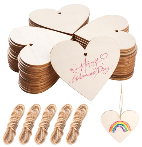 50 Stück Holzherzen zum Beschriften, 8cm, mit 10m Juteschnur