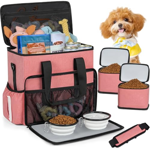 Hunde-Reisetasche, große Haustier-Reisetasche für Zubehör mit 2 Futterbehältern und faltbaren Näpfen, Reisezubehör-Set für Wochenende, Autoreisen, Camping