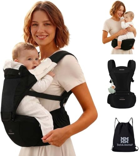 Bebamour Marsupio per neonati e bambini piccoli, seduta per i fianchi 0-36 mesi con cappuccio, 3 imbottiture anti-morso, prolunga per i fianchi, borsa portaoggetti e custodia per ciucci,nero