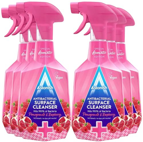 Astonish Antibacterial Surface Cleanser, 750ml, Pink, X6 Pack, Multi-Purpose Disinfectant Spray, Kills 99.9% Germs, for Kitchen, Bathroom, Home, Vegan, Cruelty-Free, Fast-Acting Cleaning Spray