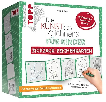 Die Kunst des Zeichnens für Kinder Zickzack-Zeichenkarten: 50 Motive zum Sofort-Loszeichnen. Mit Grundkurs-Booklet und Bleistift. In 4 einfachen Schritten zum fertigen Motiv