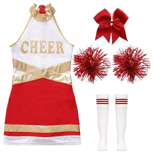 ZFIHAV Cheerleader-uniform barn Cheerleading-uniform klänning barn jubel dans kläder danskläder set Cheerleader-kostymer med blombollar lagkläder för kvinnor (B röd, 8)