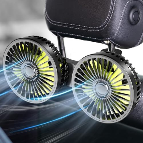 LOMUG Auto Ventilator für Rücksitz, KFZ Kühlventilator 3-Gang Mini-Lüfter, 12V Doppelkopf Autolüfter Kühlung, 360° Drehbarer Leistungsstarker Leise Lüfter USB Ventilator für Auto/SUV/RV/Zuhause/Büro