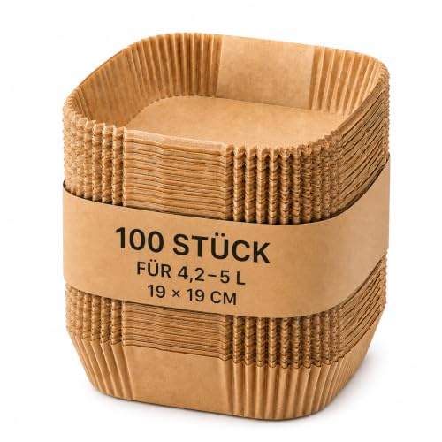 Airfryer Backpapier 100 Stück, 4,2L 4,7L 5L, 16x16 Boden, 19x19 Oben | Für Heißluftfritteuse, quadratische Einlagen mit 4,5 cm Rand, bis 220 °C hitzebeständig, antihaft & fettabweisend