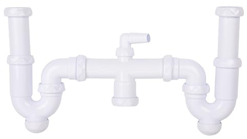 Cofan Sifón Curvo Doble Extensible para Lavabo, Con Toma Auxiliar, Salida Horizontal Ajustable Ø32-40 mm, Racores 1 1/2, Desagüe de Cocina