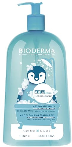 BIODERMA ABCDerm Gel moussant sans savon - Nettoyant doux visage, corps et cheveux - Pour la peau normale des bébés et des enfants - Préserve l’équilibre cutané - Flacon pompe 1 l