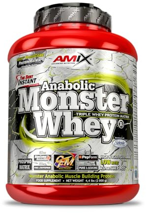 Amix - Anabolic Monster Whey - Suplemento Alimenticio, Favorece el Incremento de la Masa Muscular, Mejora la Recuperación Muscular, No Contiene Cafeína, Sabor Fresa - 2 Kilos