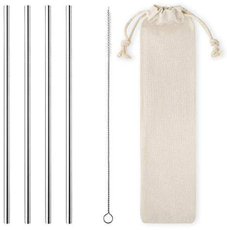 4 Pack of 6mm Wide Eco-Friendly Stainless Steel Straight Metal Straws Set Reusable Silver Drinking Straws for Iced Coffee Tea Bubble Tea Tumbler with Travel Pouch & Cleaning Brush Smoothie Milkshake
