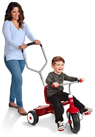 Radio Flyer Deluxe Steer & Stroll Trike, Red, for Kids 2-5, 2-in-1 Parent Steer Tricycle, Removable Push Handle, Adjustable Seat, Steel Frame, Covered Storage Bin, Tricycle for Toddlers and Kids