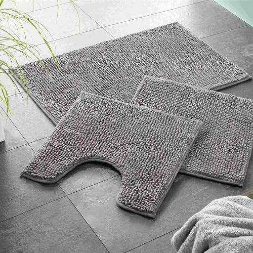 WohnDirect Alfombra Baño Gris 45x45cm con Recorte para el Inodoro • Alfombrilla baño Antideslizante y Lavable • Cómoda Y Súper Absorbente