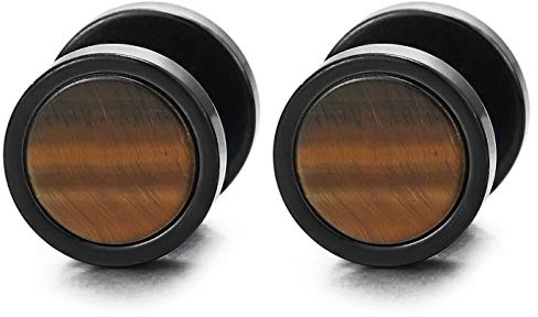 Mens Women Black Circle Stud Earrings with Stone Veins Acrylic, Steel Cheater Fake Ear Plugs Gauges