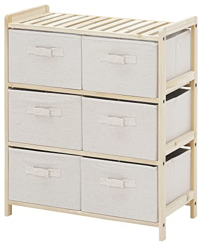 HOMCOM Cassettiera con 6 Cassetti in Tessuto Beige Pieghevoli ed Estraibili, Mobile Multiuso per Camera o Ingresso in Legno, 59x28x70cm