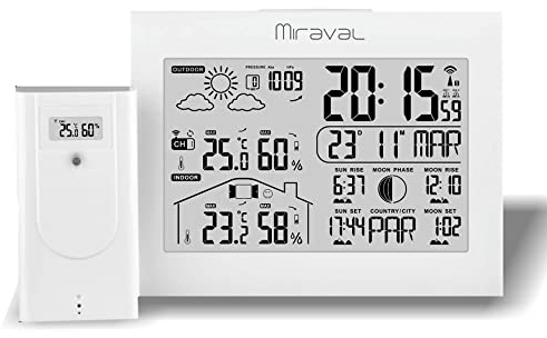Miraval Funkwetterstation mit Außensensor Datumsanzeige Mondphase Sonnenaufgang Indoor & Outdoor Luftfeuchtigkeit 2 Alarme mit Licht Wettertrend Großer Display Modern (Weiß)