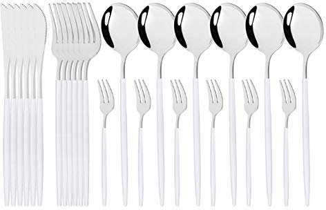 24 teile/satz Gold Spiegel Besteck Set 18/10 Edelstahl Geschirr Geschirr Besteck Besteck Set Abendessen Messer Kuchen Gabel Löffel Set essgeschirr (Color : White Silver)