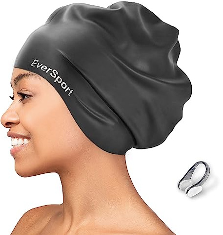 EverSport Extra Large Swim Cap for Braids and Dreadlocks, Silicone Swimming Pool Cap for Women Men Adult Long Thick Curly Hair Locs Anti Slip Ear Cover Waterproof Bathing Shower Cap Keep Hair Dry