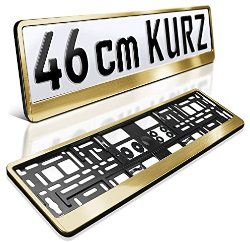 2 Kennzeichenhalter kurz | 46 cm Gold gebürstet | Für Kurze Kennzeichen | Metallic Look matt | Nummernschildhalter | Kennzeichen-Halterung | Nummernschild-Halterung | Für Auto-Schilder 460 x 110 mm