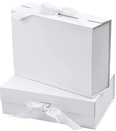 2 Stk Geschenkbox mit Deckel, 26 x 19 x 8 cm Magnetische Geschenkkarton mit Schleife, Geschenkverpackung Box für Hochzeit Geburtstag Weihnachten Jubiläum (Weiß)