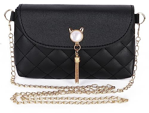 Lollanda Sac à main pour femme avec bandoulière, sacs à main avec franges mignonnes en forme de chat, sacs messager à bandoulière en cuir synthétique avec chaîne, sac à main carré rhombique pour