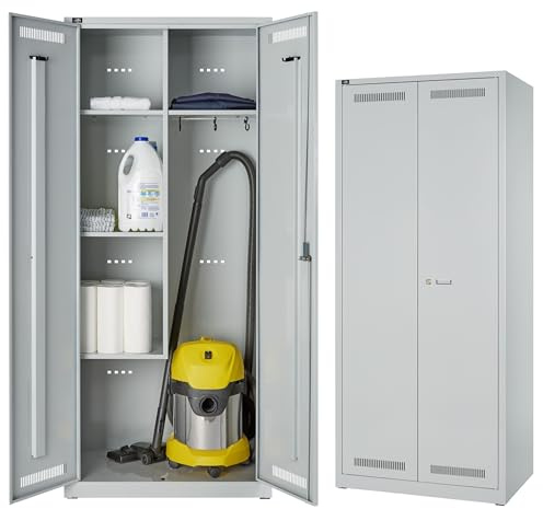 BISLEY Allzweckschrank Light abschließbar mit Belüftungslöchern, 2X Hutboden, 2X Universalfach, 1x Großraumabteil, Kleiderstange & 3 Haken - Putzmittelschrank mit Schloss in lichtgrau - Breite: 80 cm