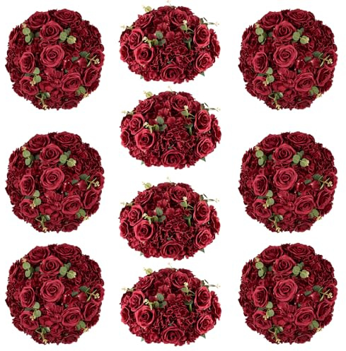 Inweder Red Roses Flowers Balls for Centerpieces: 10 PCS 11.8 Diam Flower Centerpieces for Tables in Wedding Reception Decorations Arrangement for Party Celebration Planners