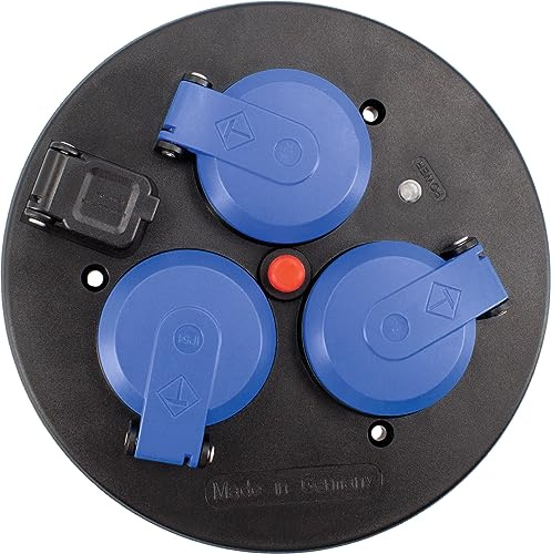 as - Schwabe 3-Fach Steckdoseneinsatz für Kabeltrommel, Spannungsanzeige | mit Schutzdeckel blau, USB, Außen IP44, Thermoschutzschalter, 230 V 16 A