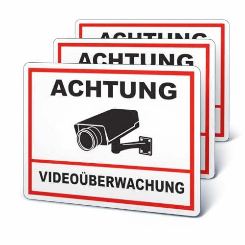 3 Stück selbstklebende Premium XL Folie 20x30 cm – Achtung Videoüberwacht – Aufkleber mit Schutzlaminat – Kamera Symbol Einbruchschutz – Wasser Wetterfest Witterungs & UV-Schutz Beständig Vorgestanzt