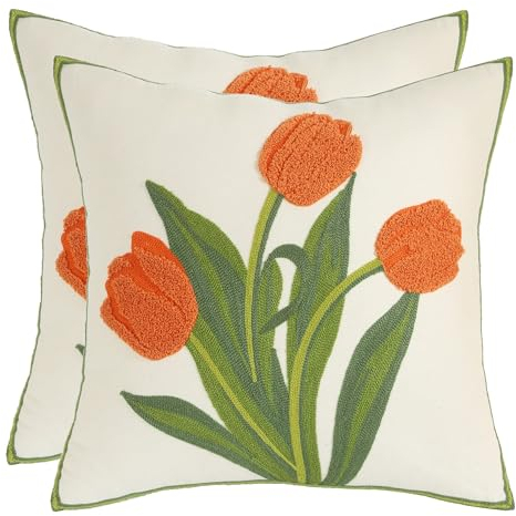 Tosleo Juego de 2 fundas de almohada decorativas bordadas de 45 x 45 cm para salón de jardín, sofá, cojín decorativo para salón, dormitorio, juego de 2 fundas de almohada con estampado floral (tulipán